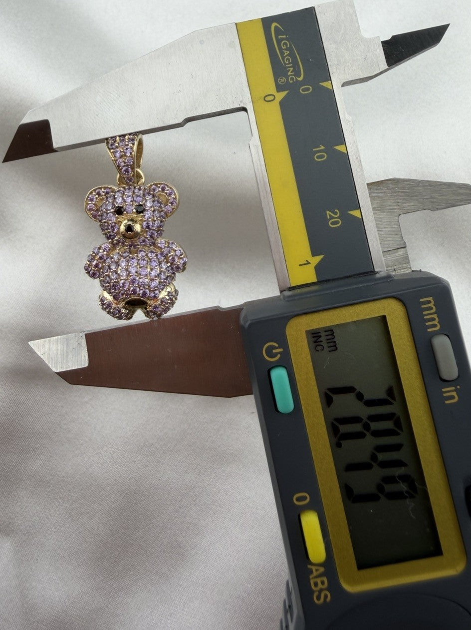14K Gold Teddy Bear Pendant Purple Simulated Diamond Black Eyes 4.7 Gram 16x28mm