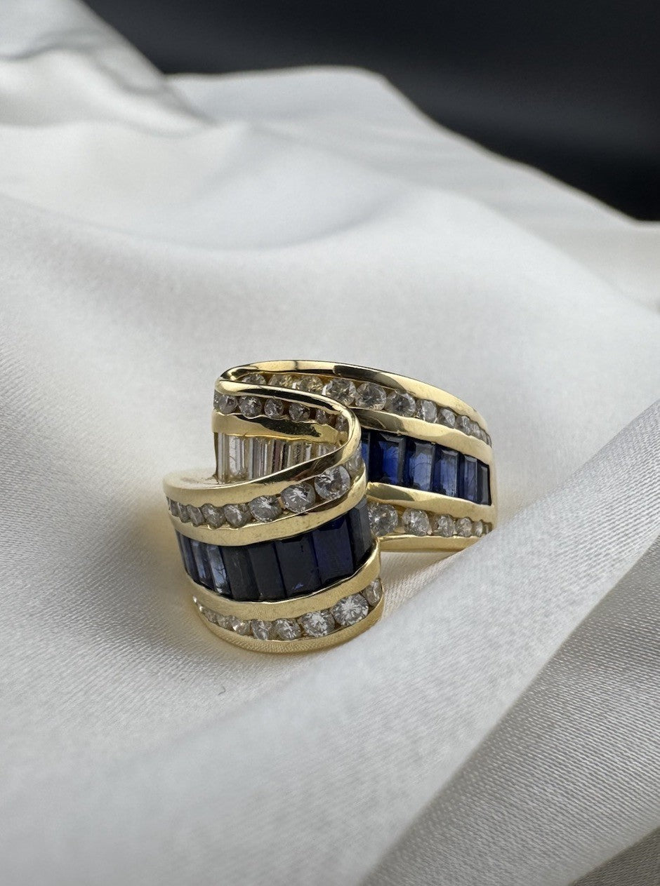 Charles Krypell 18K Yellow Gold Sapphire & Diamond Ribbon Crossover Ring 13.4G