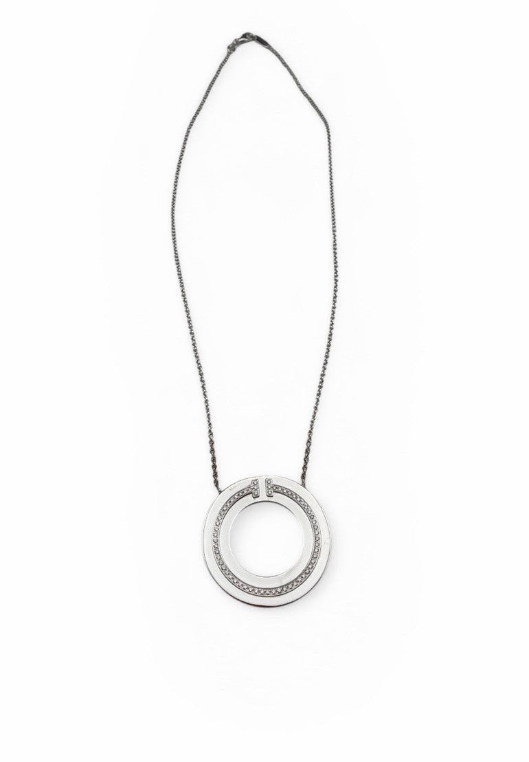 Tiffany & Co. 18k White Gold Diamond T Circle Pendant Necklace Large 30mm 18”