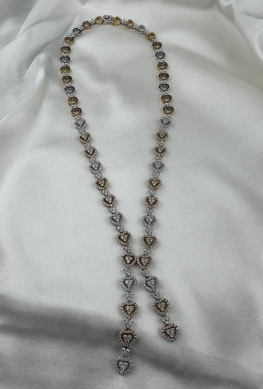 14K Yellow Gold Tri-Tone Heart Necklace Pave Stones 32G 17.25” 8mm Chain