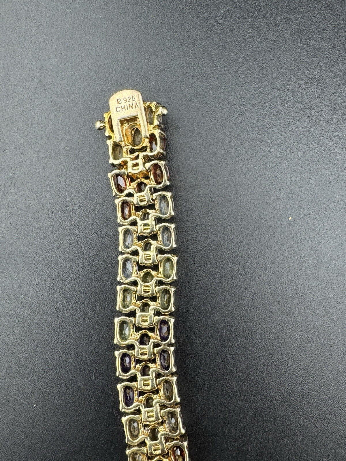 925 Fine Silver Plated Gold Multicolor Gemstone Row Tennis Bracelet 7.5 25.7G