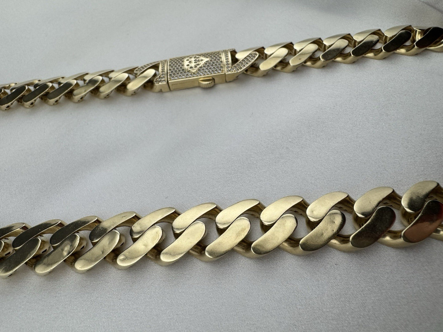 14K Yellow Gold Miami Cuban Link Chain Necklace 14.7mm 24.5 76.4 Gram Semi-Solid