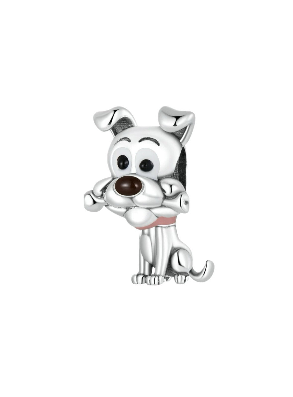 Charm de perro alegre y juguetón con hueso de esmalte vibrante de plata de ley 925 europea
