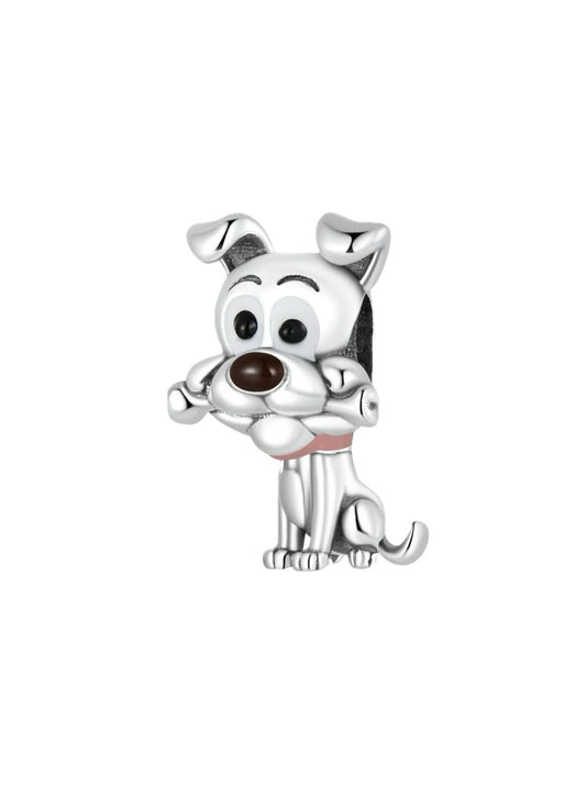 Charm de perro alegre y juguetón con hueso de esmalte vibrante de plata de ley 925 europea