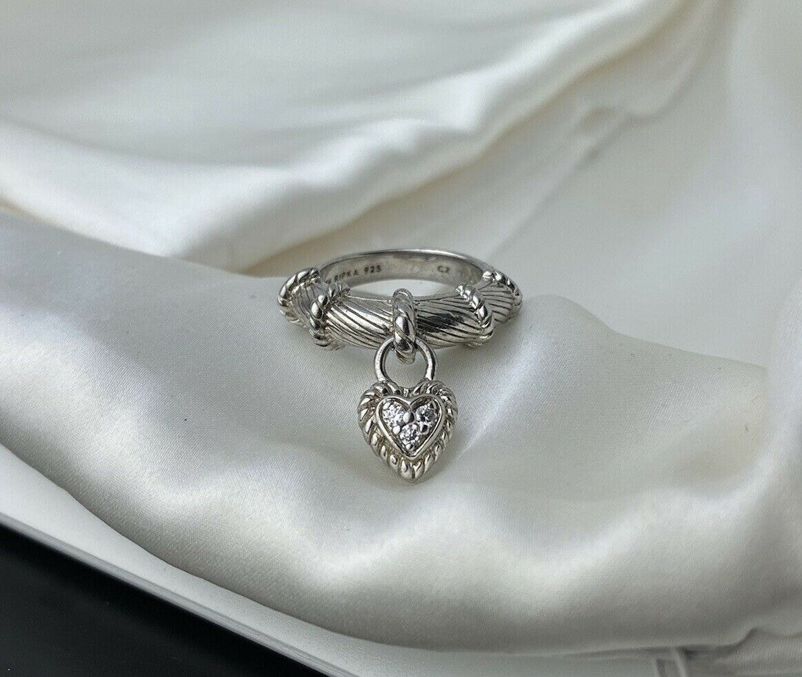Vintage Judith Ripka Sterling Silver 925 16mm Dangling CZ Heart 6.5mm Band Ring