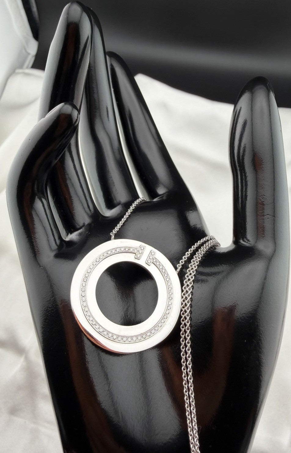 Tiffany & Co. 18k White Gold Diamond T Circle Pendant Necklace Large 30mm 18”