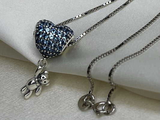 Sterling Silver 925 Blue CZ Love Heart Balloon & Dangling Bear Pendant Necklace