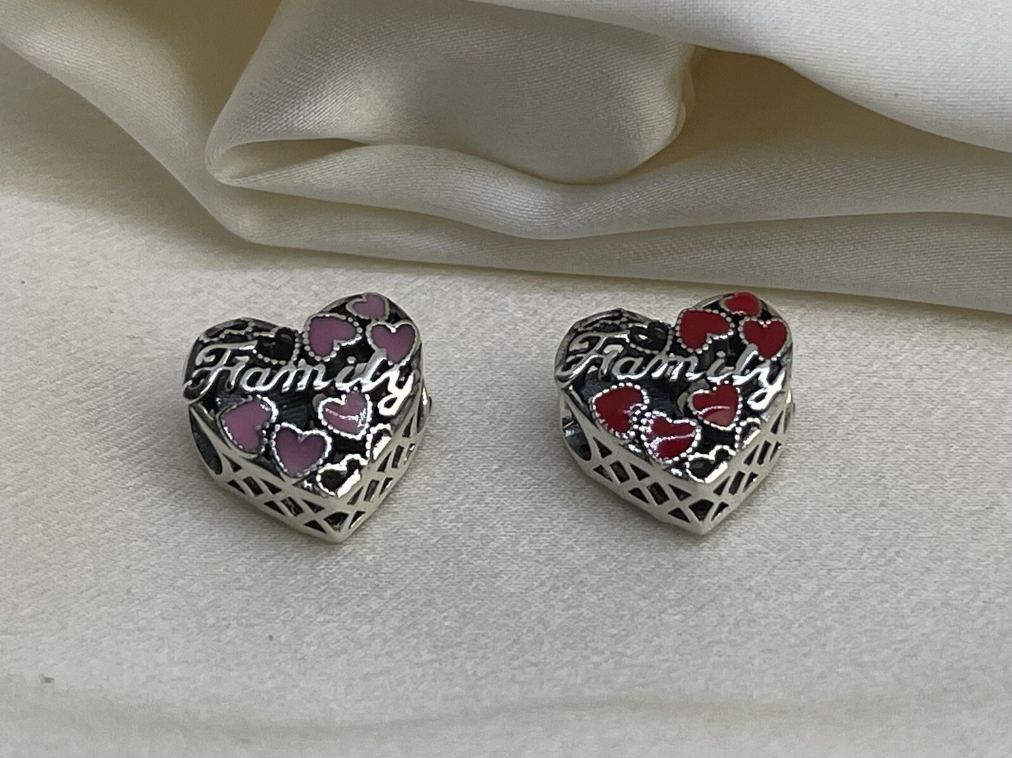 Sterling Silver 925 Love Red & Pink Color Changing Enamel Hearts Family Charm
