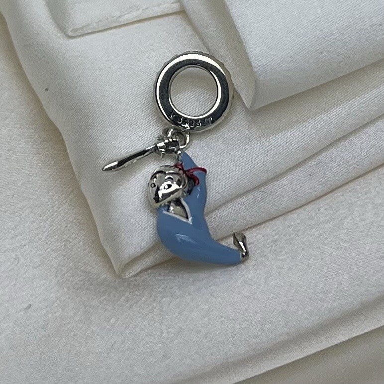 Sterling Silver 925 Dangle Enamel CZ Stone Chinese Kawaii Mulann Character Charm