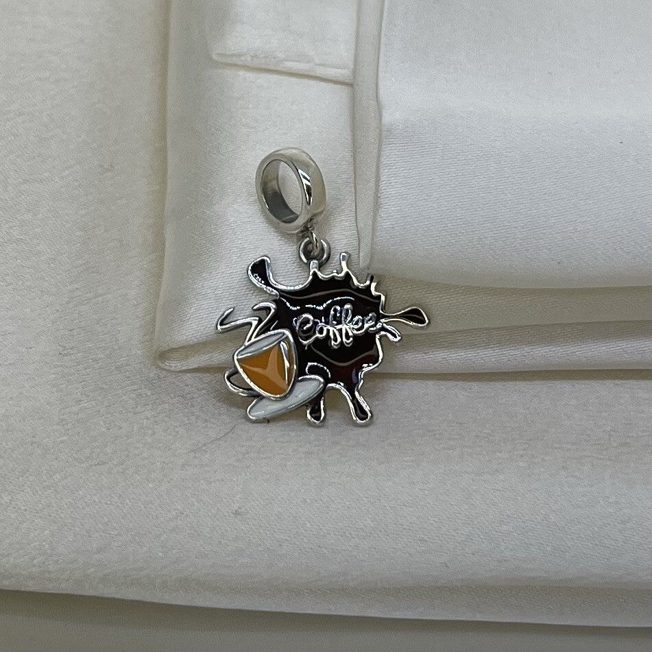 Dije Colgante de Plata de Ley 925 Esmaltado con Diseño de Salpicaduras de Café Naranja y Logo