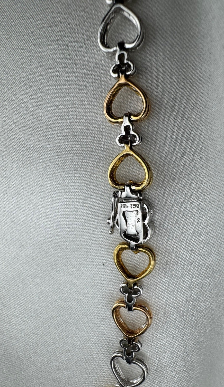 14K Yellow Gold Tri-Tone Heart Necklace Pave Stones 32G 17.25” 8mm Chain