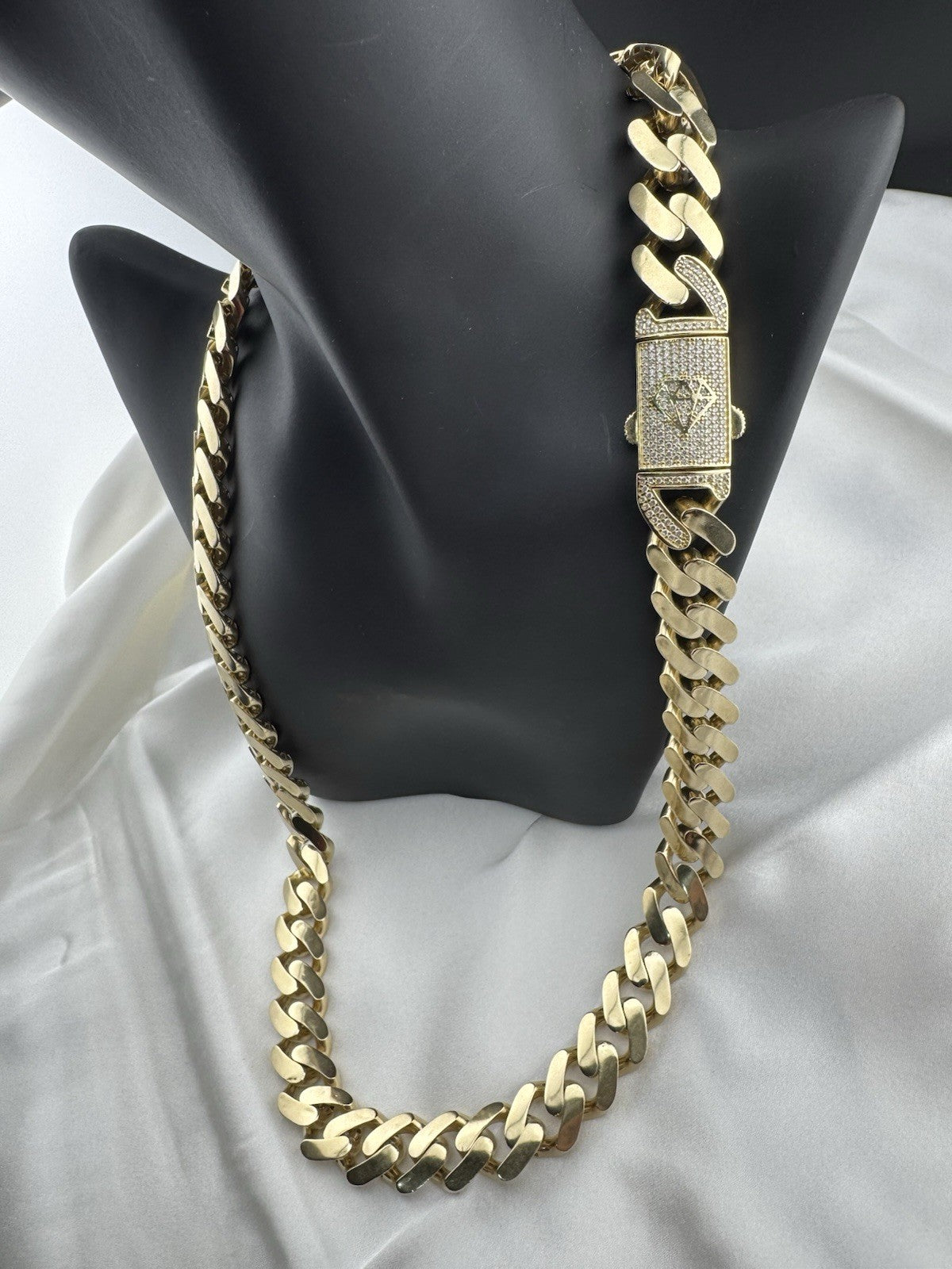 14K Yellow Gold Miami Cuban Link Chain Necklace 14.7mm 24.5 76.4 Gram Semi-Solid