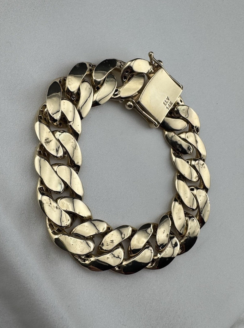 14K Yellow Gold Miami Cuban Link Bracelet 17.6mm 8.2” 45.8G Semi-Solid Box Lock