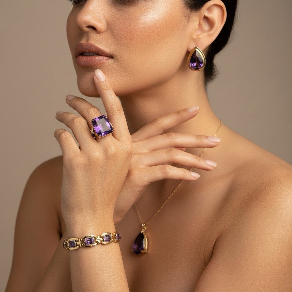 14K Yellow Gold 4 Piece Jewelry Set Bracelet Ring Pendant Earring 70.5G Purple