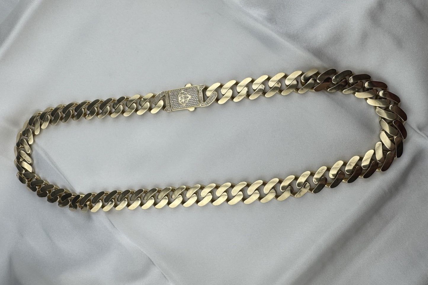 14K Yellow Gold Miami Cuban Link Chain Necklace 14.7mm 24.5 76.4 Gram Semi-Solid