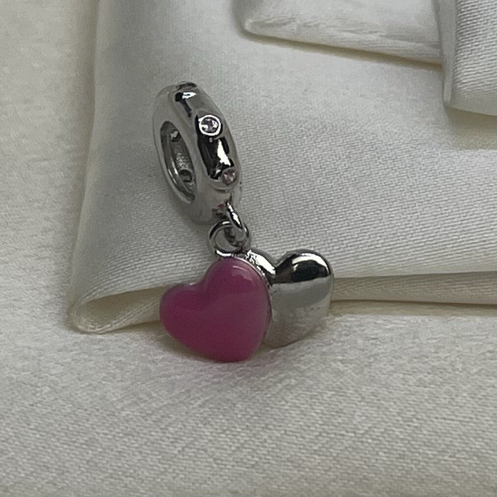 Sterling Silver 925 Enamel Double Heart Love Pink Cubic Zirconia Dangle Charm