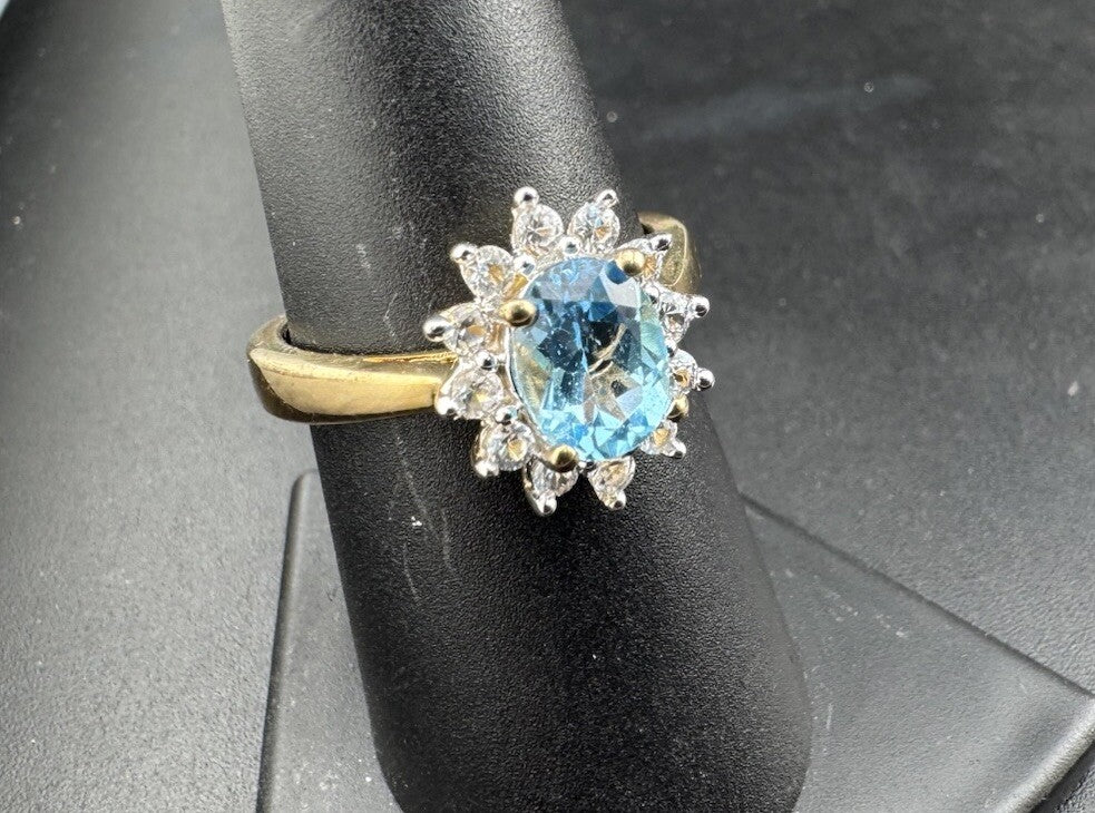 Sterling Silver 925 Blue & White Simulated Diamond Flower Ring, Size 8, 14.15mm