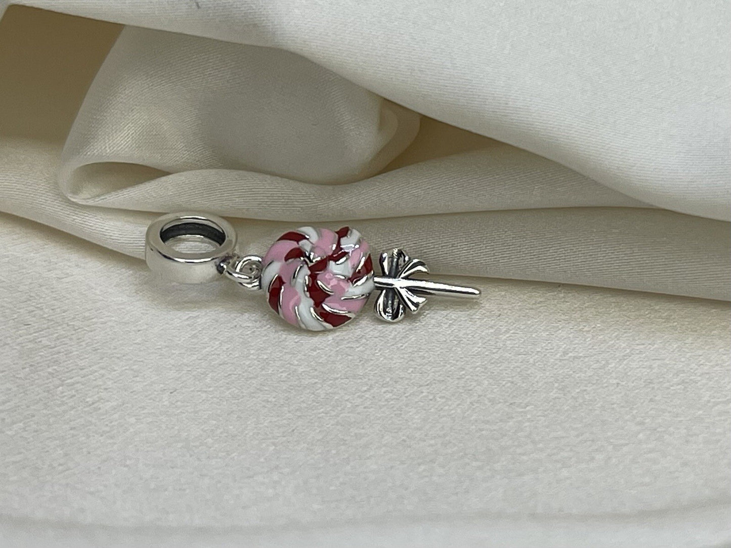 Sterling Silver 925 Enamel Sweet Swirl Lollipop Bow Sugar Candy Charm Necklace