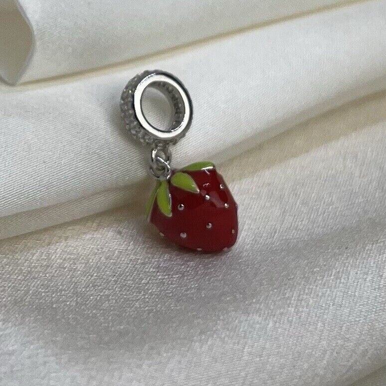 Sterling Silver 925 Enamel Strawberry Fruit Red Green Dangle Charm Pendant CZ