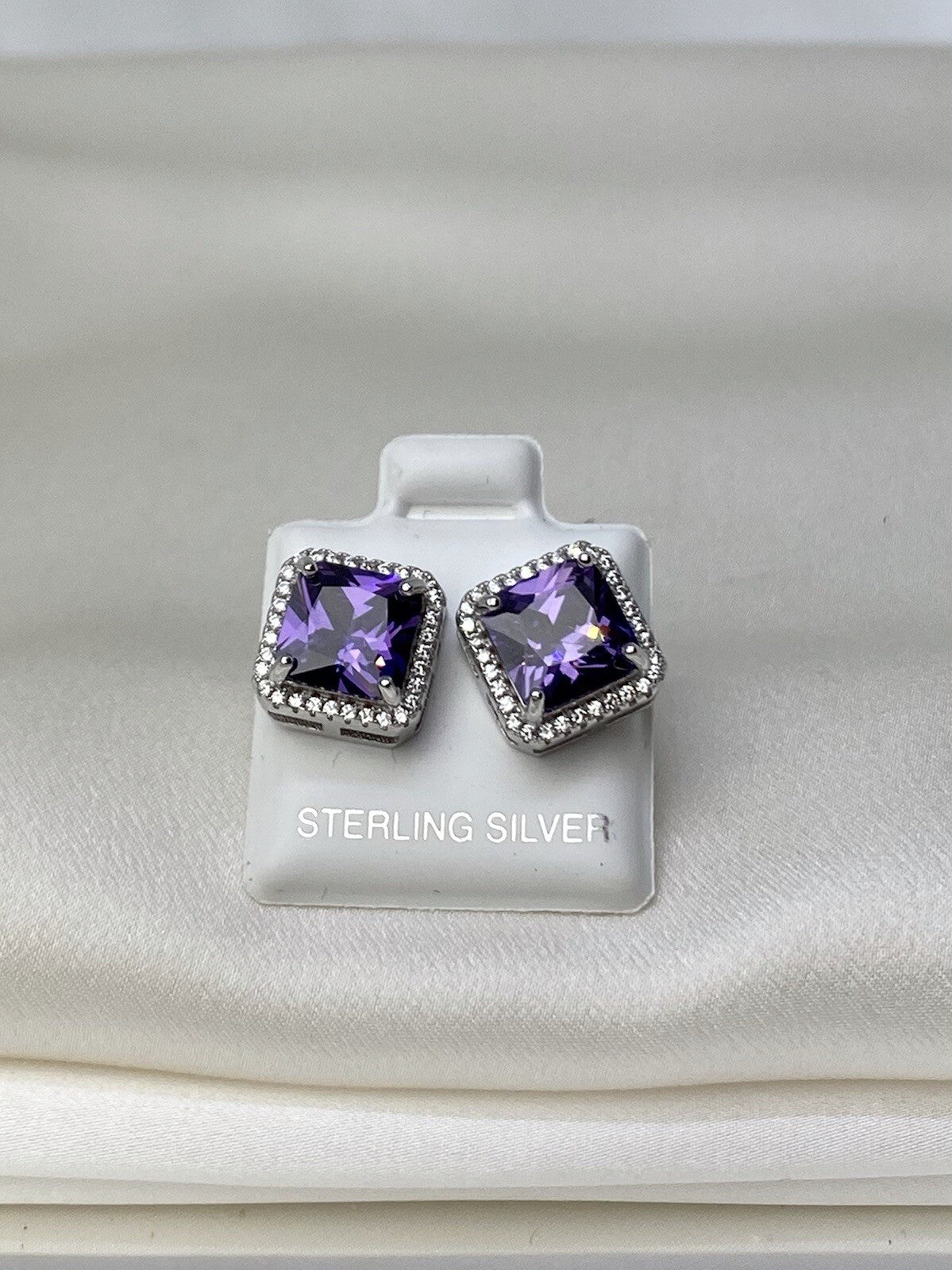 New Sterling Silver 925 11x11mm Square Stud Earrings 2 Tone Cubic Zirconia Stone
