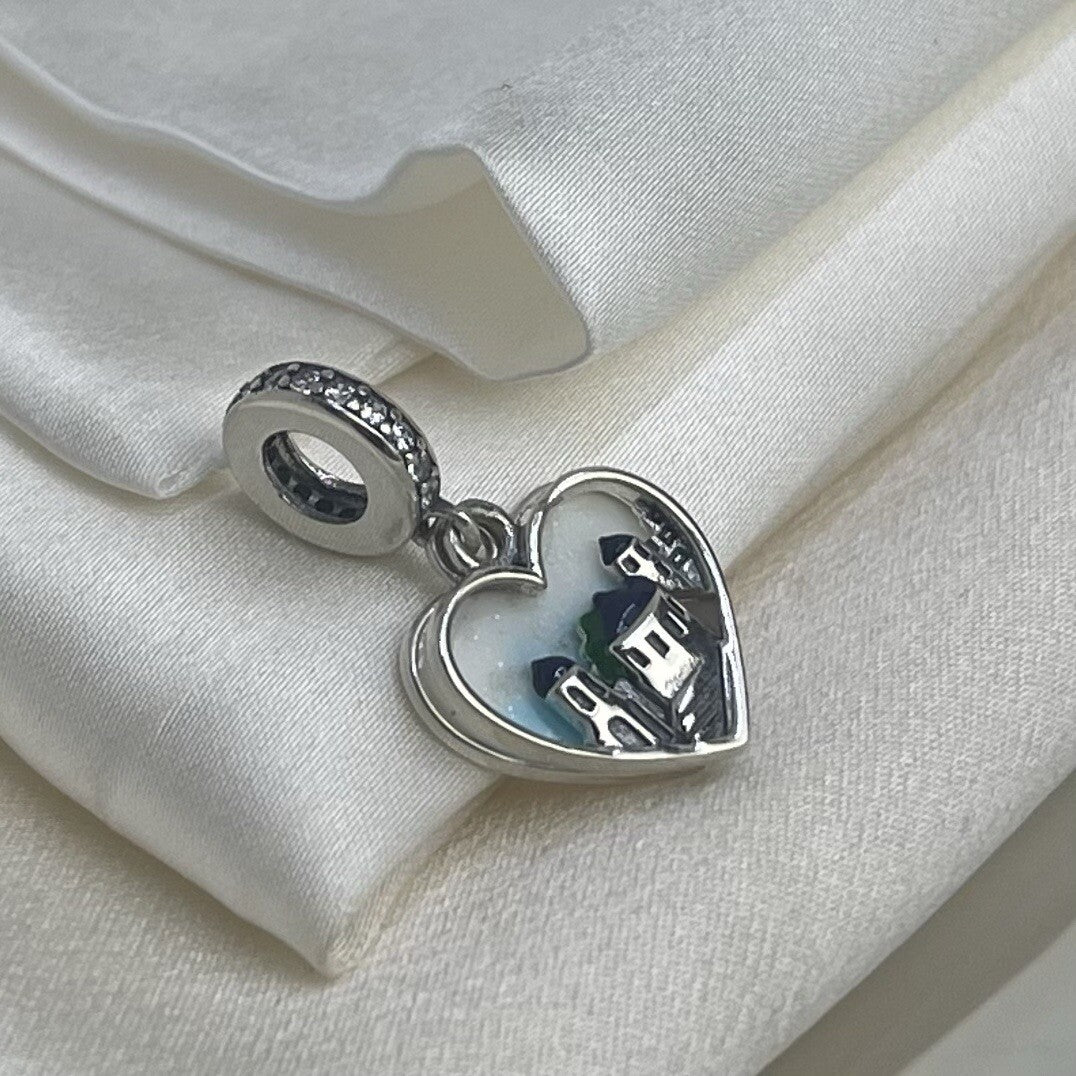 Sterling Silver 925 Enamel Double Heart City Hometown CZ Dangle Charm