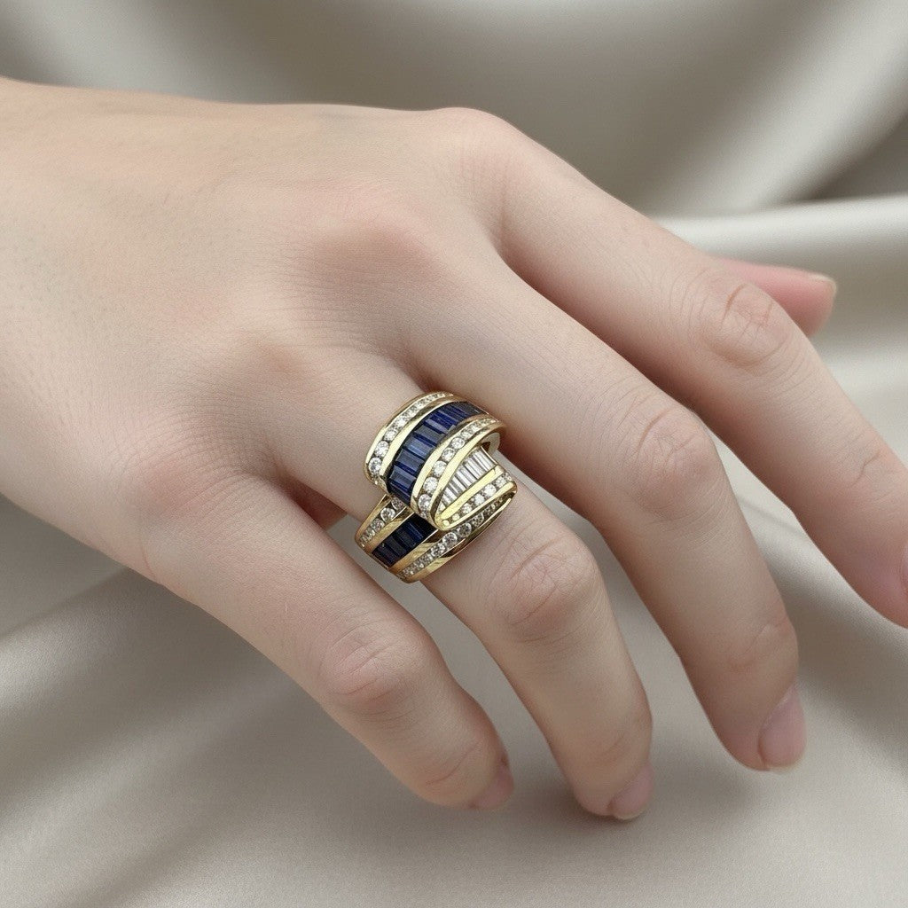 Charles Krypell 18K Yellow Gold Sapphire & Diamond Ribbon Crossover Ring 13.4G