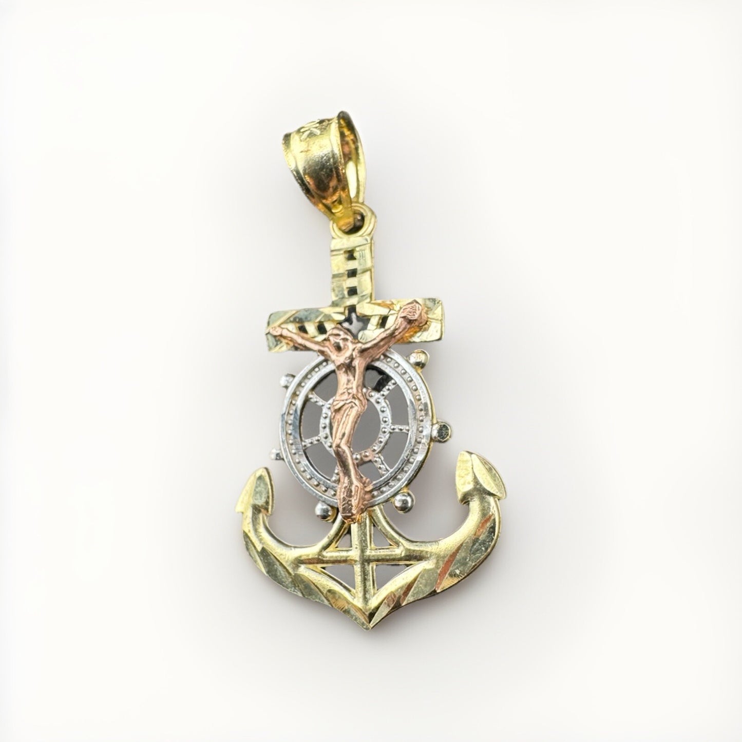 10K Tri Color Gold Jesus Cross Pendant Medium 16x29mm Diamond Cut Anchor Charm