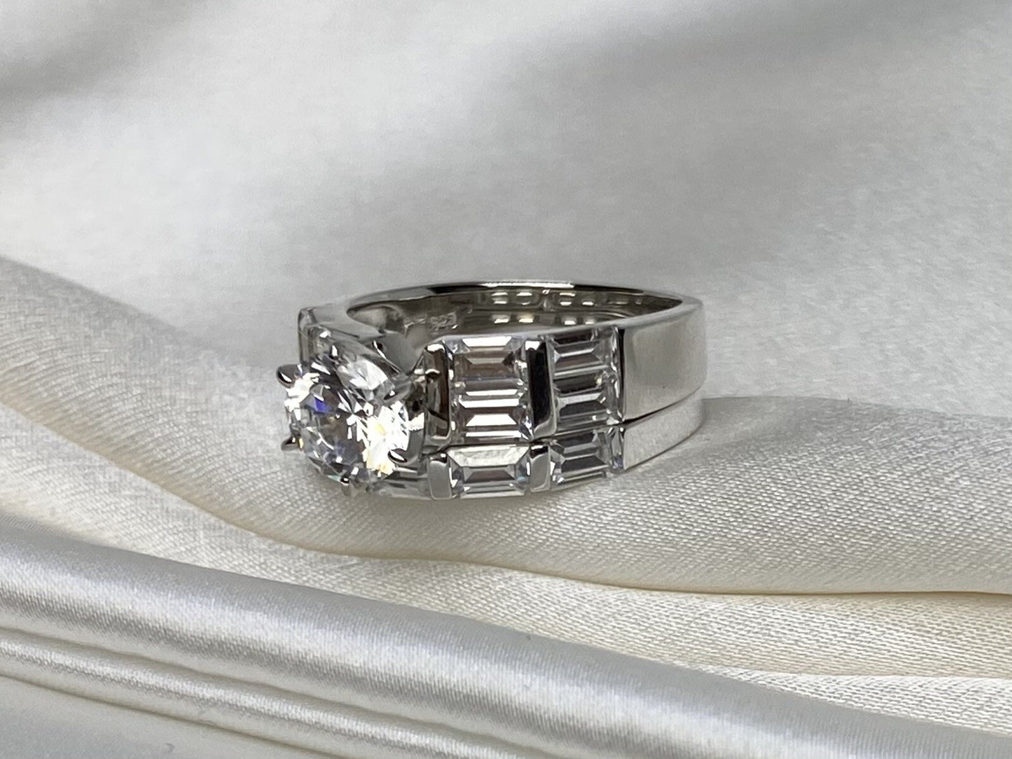 Elegance Stacked Cubic Zirconia Ring Rhodium Plated Sterling Silver 925 Size 6