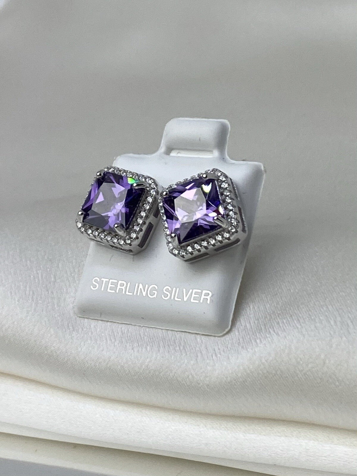 New Sterling Silver 925 11x11mm Square Stud Earrings 2 Tone Cubic Zirconia Stone