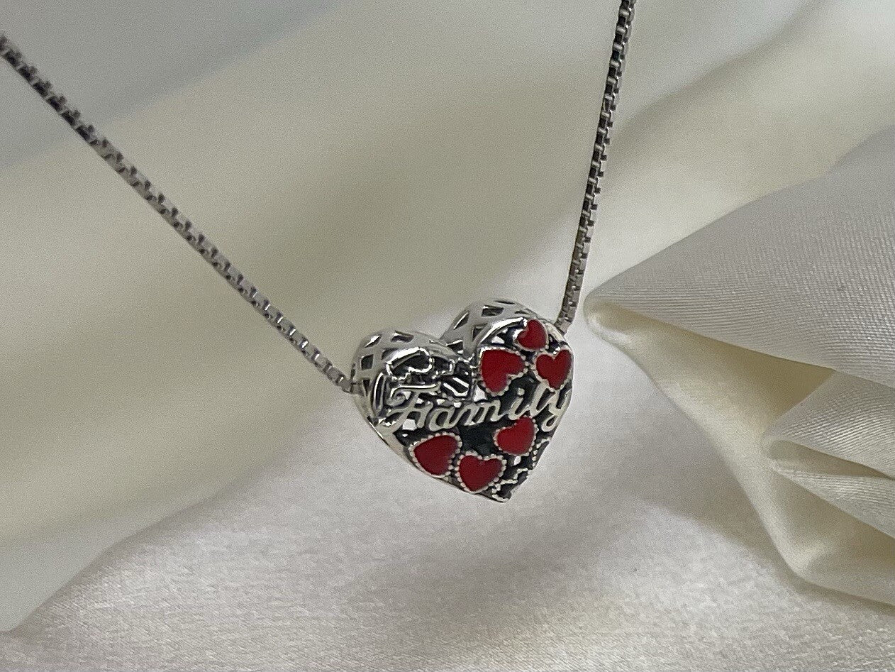 Sterling Silver 925 Love Red & Pink Color Changing Enamel Hearts Family Necklace