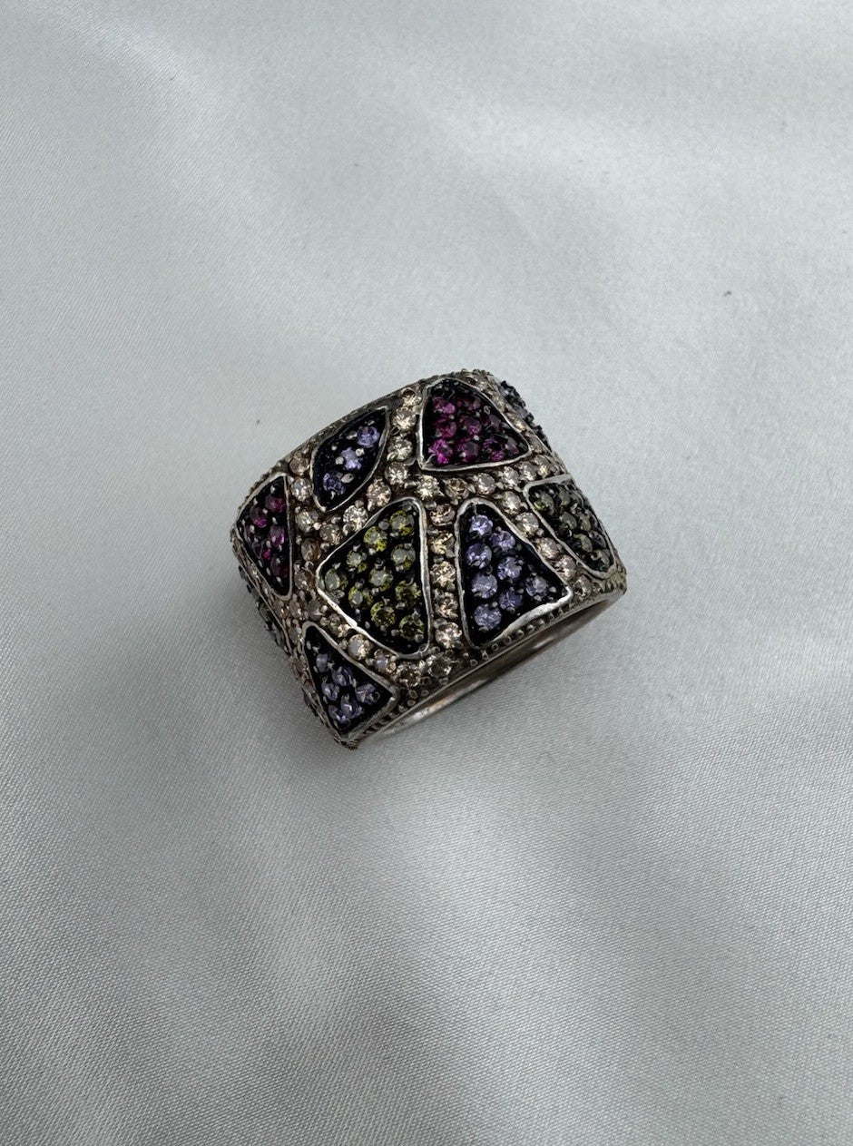 Sterling Silver 925 Mosaic Design Multicolor Gemstone Statement Ring Sz 7 13G