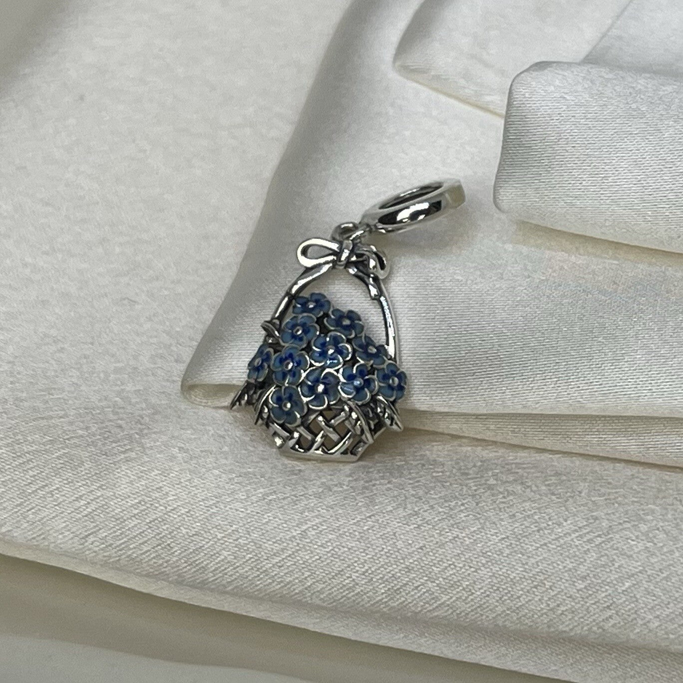 Sterling Silver 925 Enamel Basket of Blue Flower Bouquet Dangle Charm