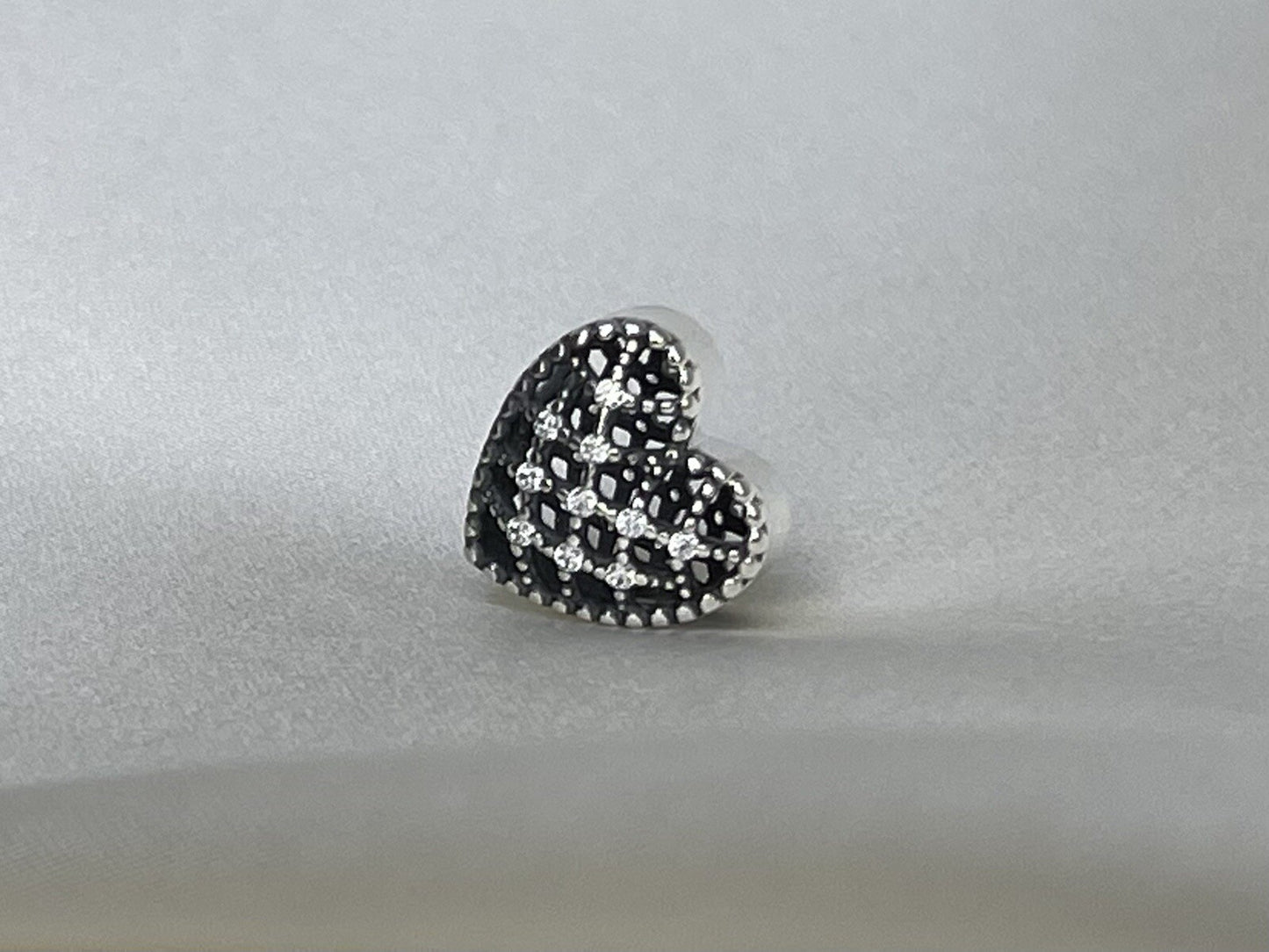 Sterling Silver 925 Retro Hollow Shining Cubic Zirconia Stone Heart Love Charm