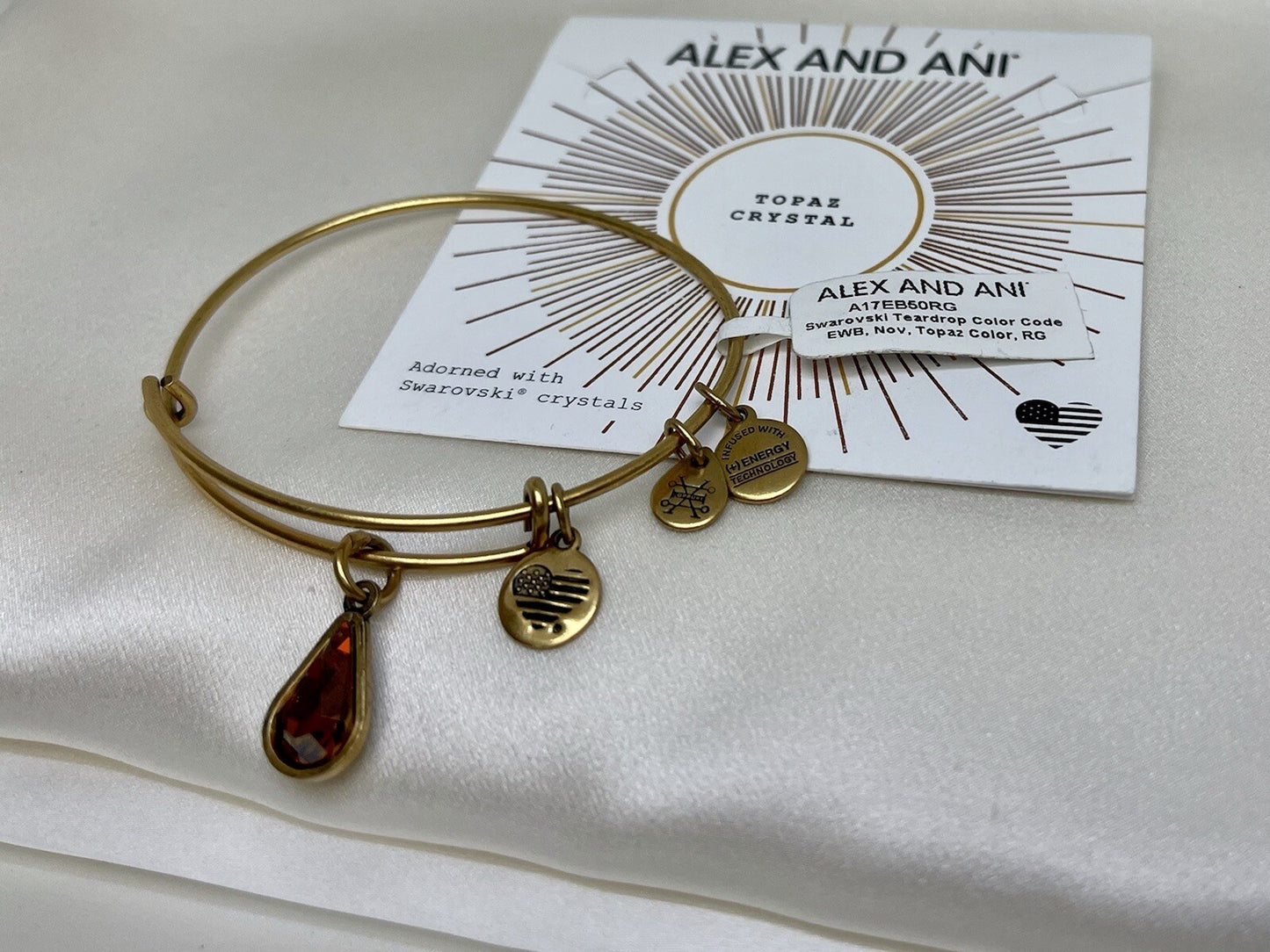 Alex and Ani Swarovski Teardrop Topaz Birth Stone Rafaelian Gold Charm Bangle