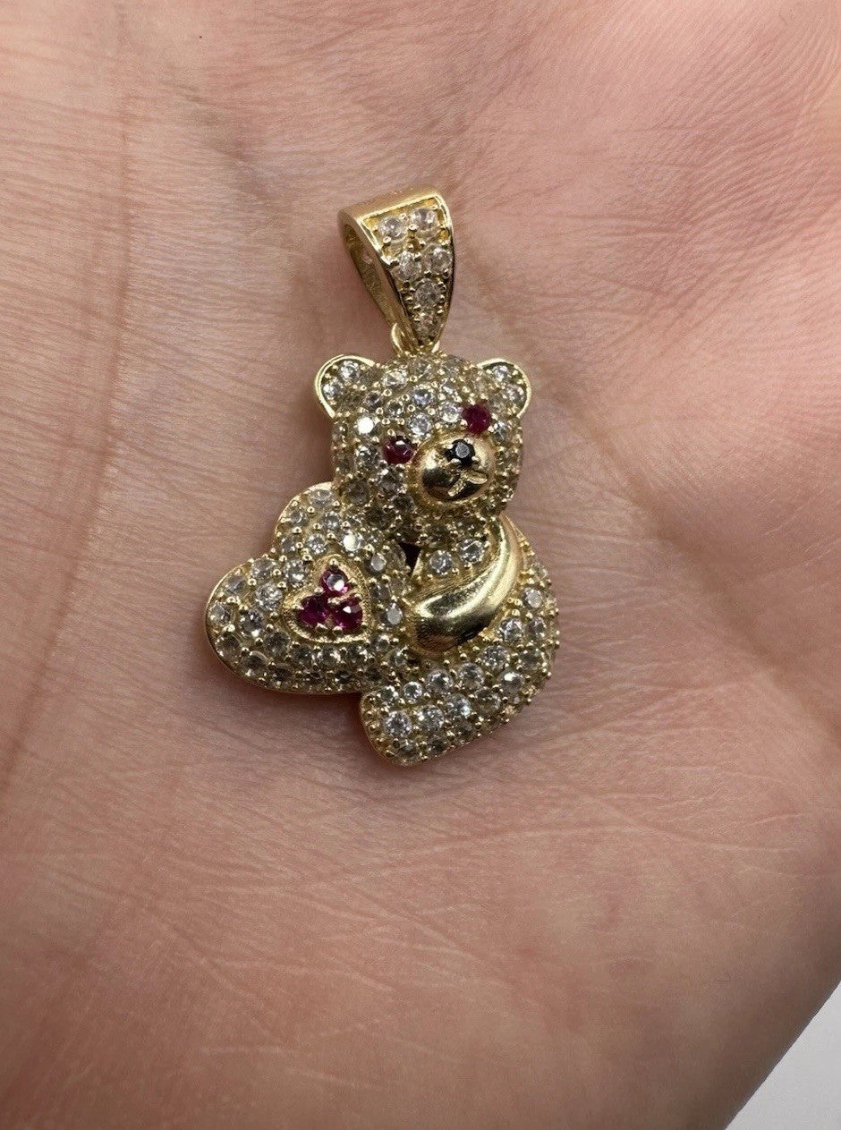 14K Gold Teddy Bear Pendant Sim Diamond Charm 27.88x17.40mm 4.2G Beltran Jewelry