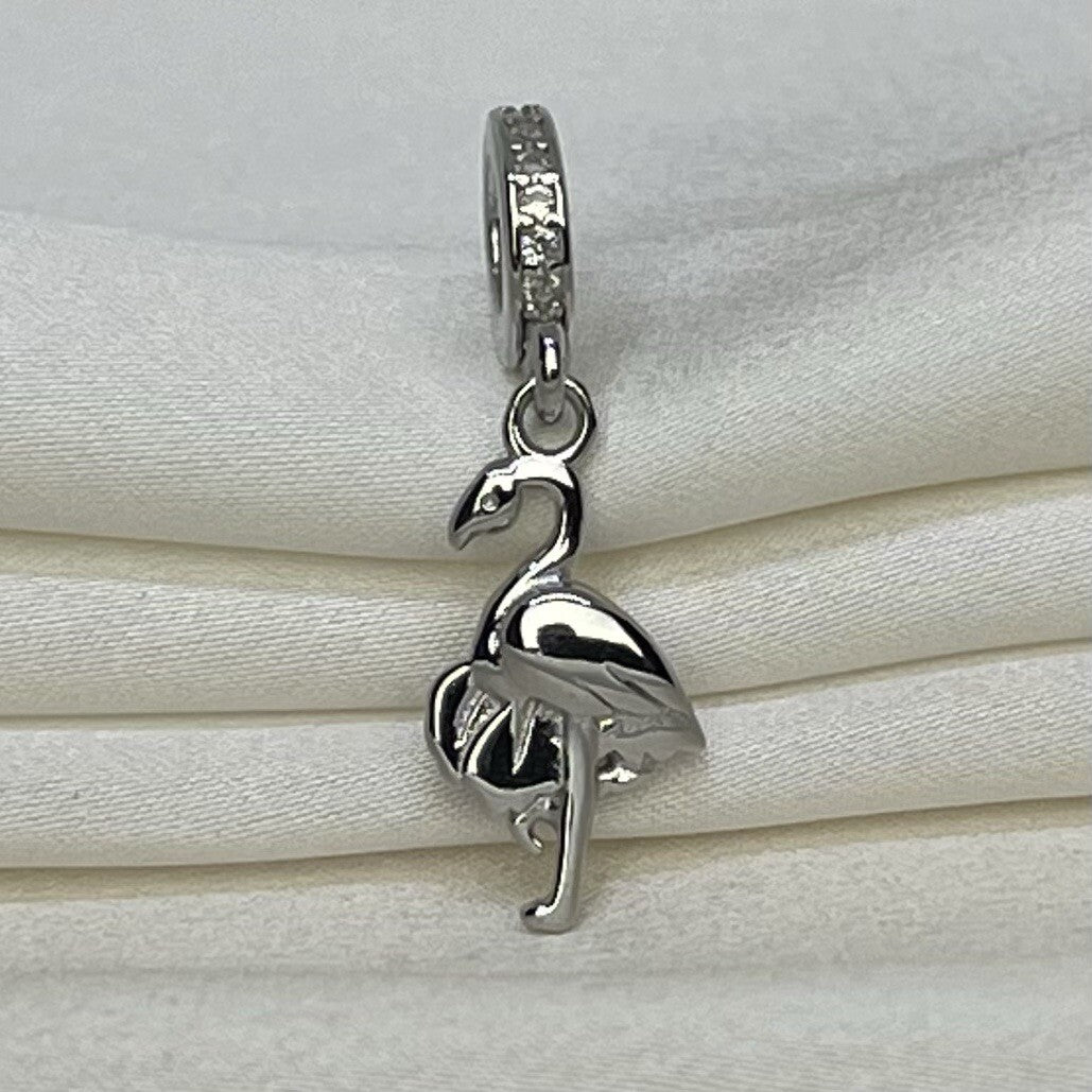 Sterling Silver 925 Multi Color CZ Stones Enamel Vibrant Flamingo Dangle Charm