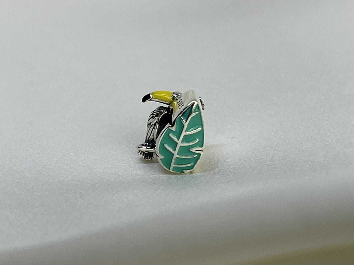 Sterling Silver 925 Enamel Vibrant Jungle Toucan Bird On Flower Tropical Charm