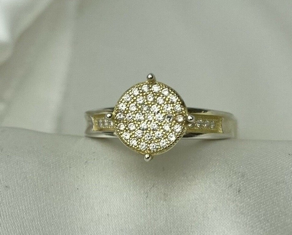 GM Sterling Silver 925 Gold Plated Pave Cubic Zirconia Three Band Ring Size 7