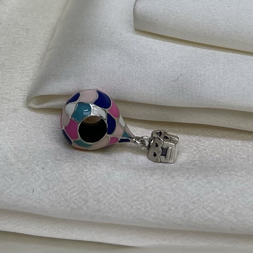 Sterling Silver 925 Enamel Colorful Hot Air Balloon with House Dangle Charm