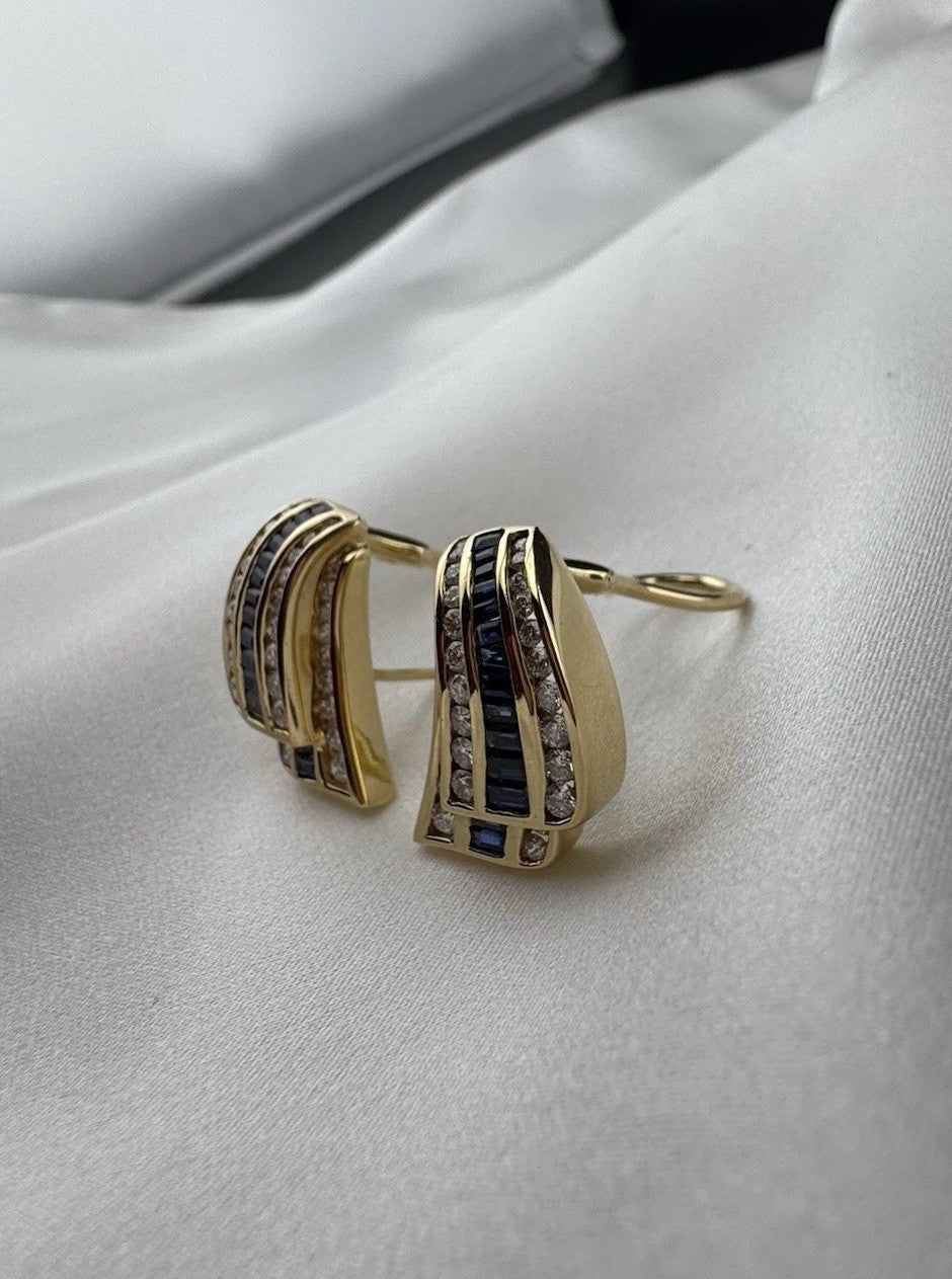 Charles Krypell 18K Yellow Gold Baguette Sapphire & Pave Diamond Earrings 12G