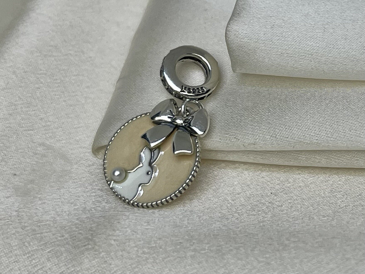 Sterling Silver 925 Enamel Beige Bow Bunny Pearl Cubic Zirconia Dangle Charm