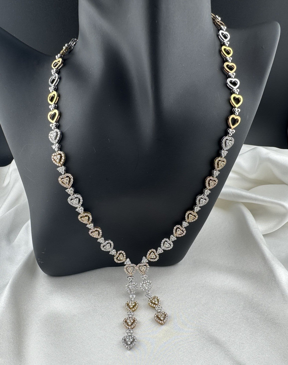 14K Yellow Gold Tri-Tone Heart Necklace Pave Stones 32G 17.25” 8mm Chain