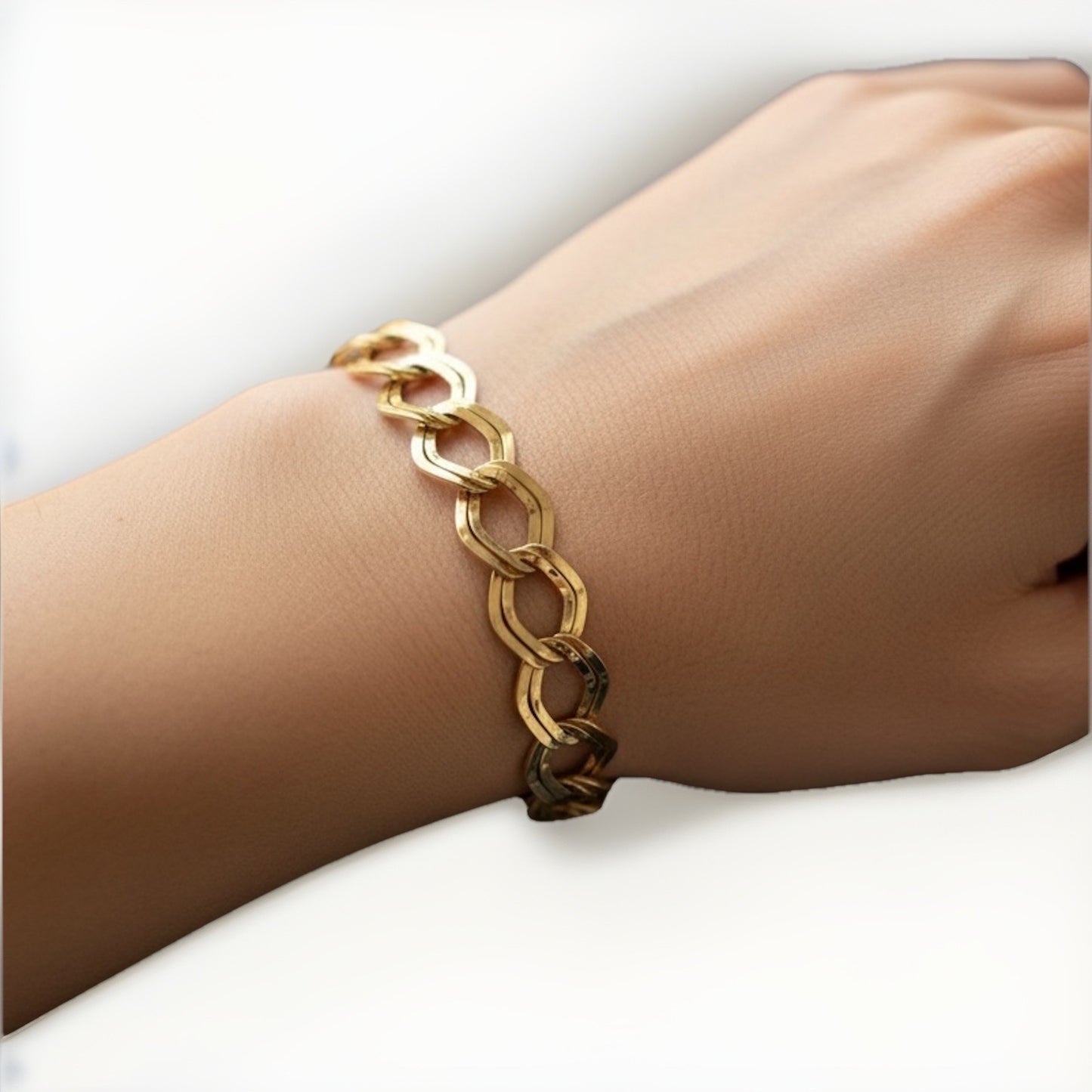 Pulsera geométrica vintage de oro amarillo de 14 quilates con doble eslabón en zigzag, 3.2 g, 7.25 pulgadas, Italia