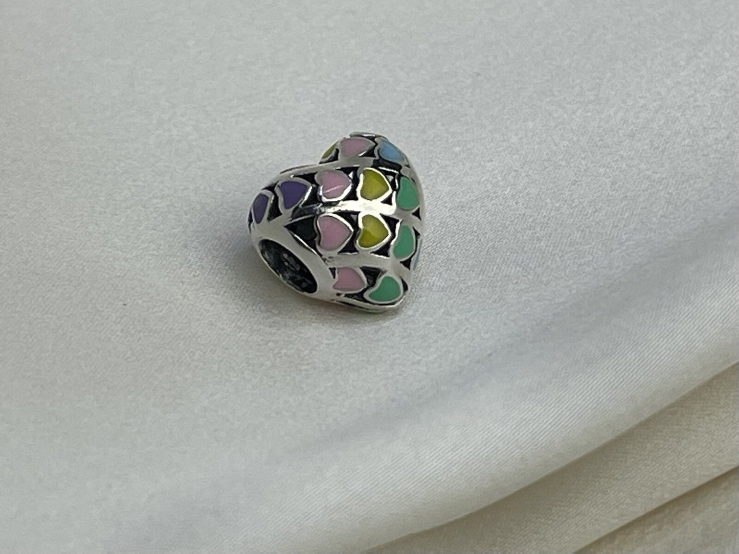 Sterling Silver 925 Enamel Rainbow Heart Love Colorful Bead Charm Pendant