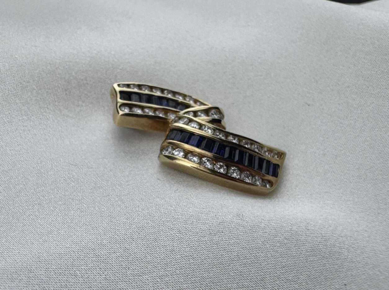 Vintage Charles Krypell 18K Yellow Gold Sapphire and Diamond Ribbon Pendant 7.7G
