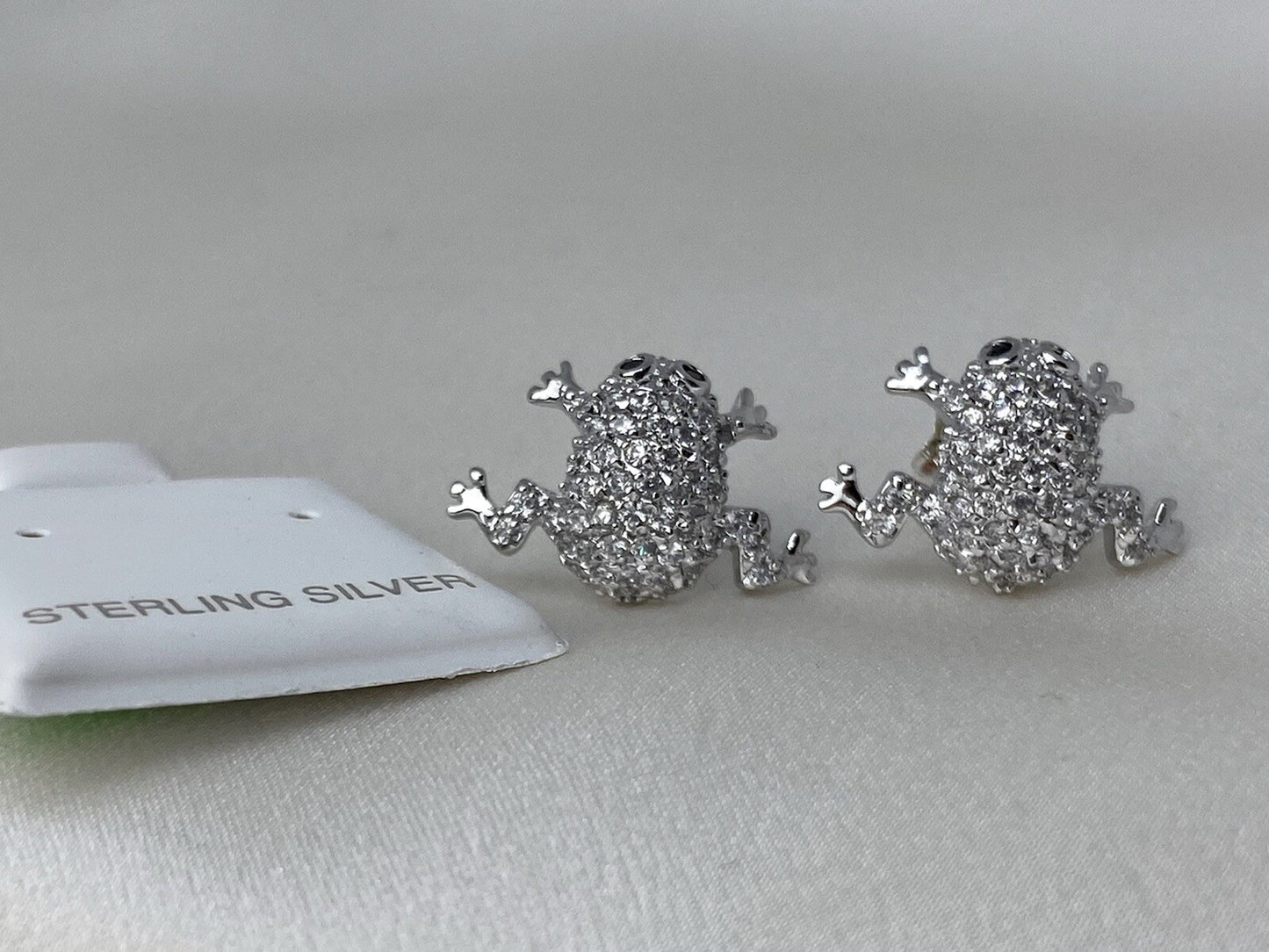 New Sterling Silver 925 11x17mm Frog Stud Earrings Two Tone Cubic Zirconia Stone