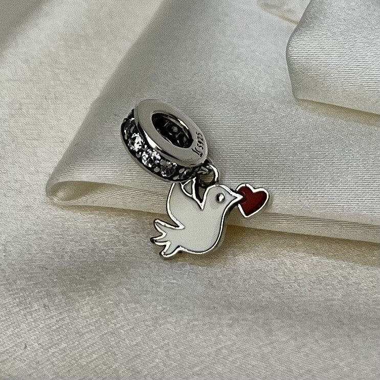 Sterling Silver 925 Enamel Red Heart Dove Peace Love Cubic Zirconia Dangle Charm