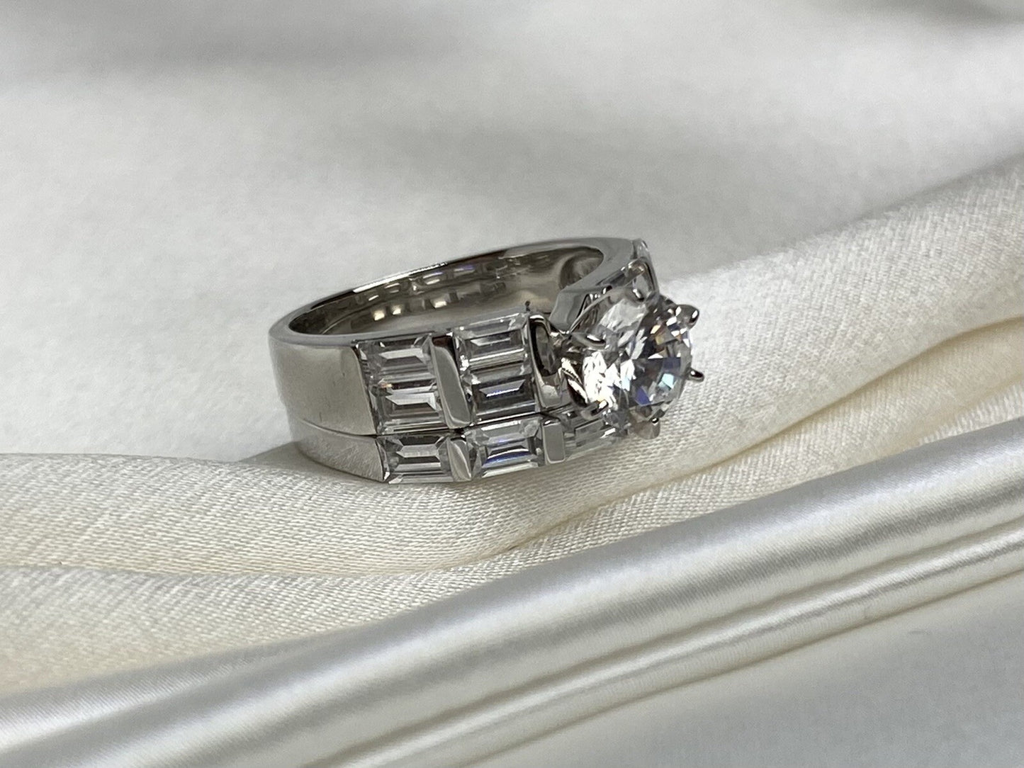 Elegance Stacked Cubic Zirconia Ring Rhodium Plated Sterling Silver 925 Size 6
