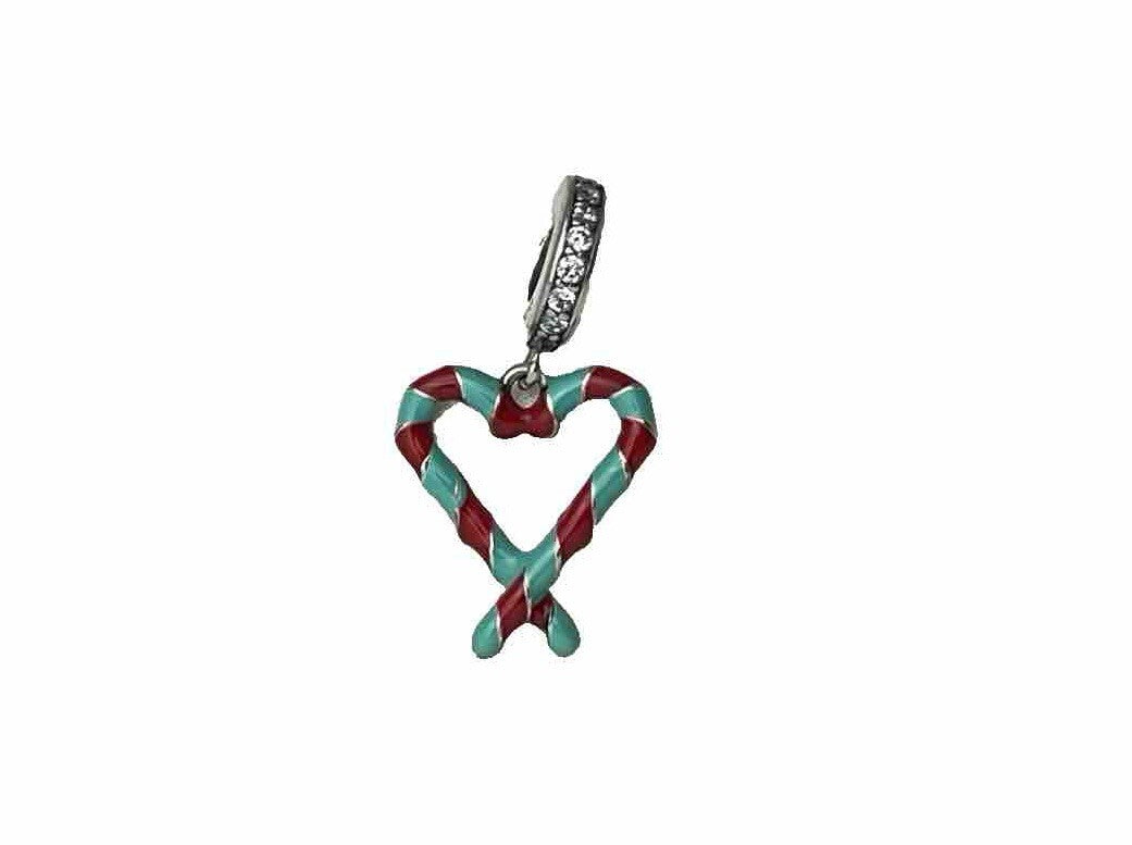 Sterling Silver 925Enamel Christmas Candy Cane Heart Dangle Charm CZ