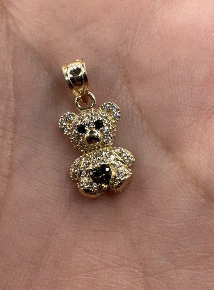 14K Gold Teddy Bear Pendant Green Sim Diamond 19.19x9.92mm 1.3G Beltran Jewelry